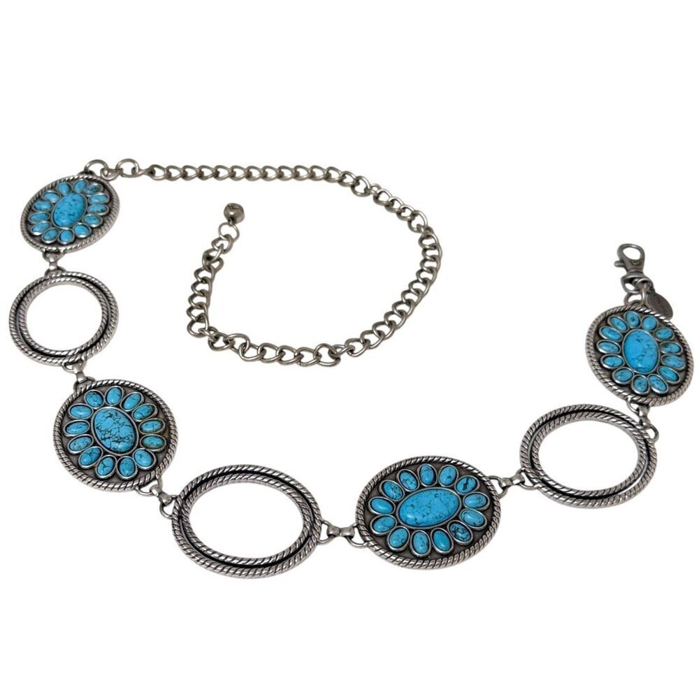 Chico's Link Belt Faux Turquoise Medallion Silvertone Chain Western Southwest